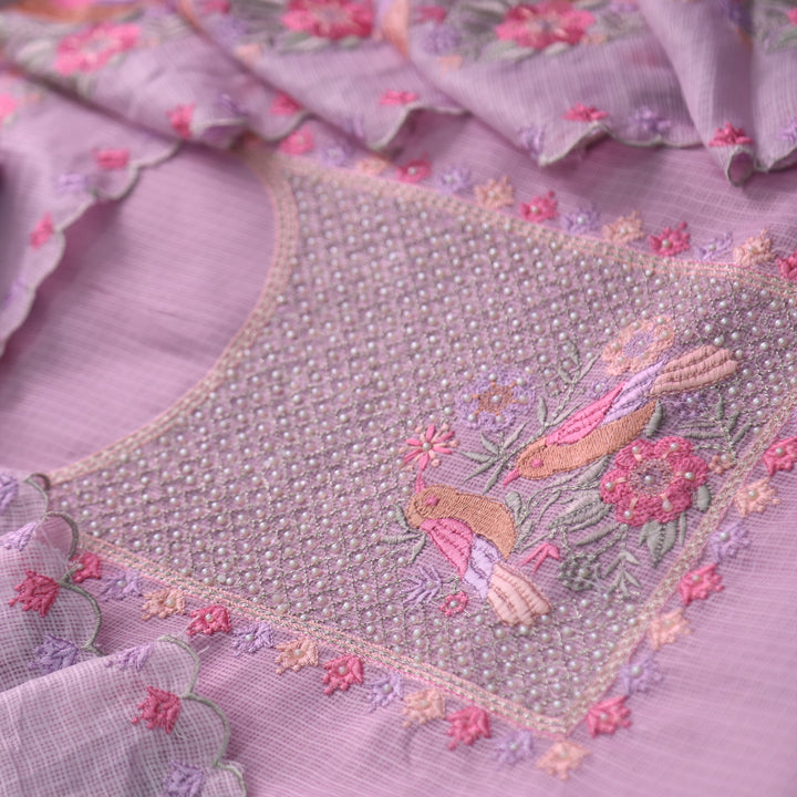 Swamini Pale Lavender Zari Embellish Neck With Moti and Thread Work Kota Doriya Set