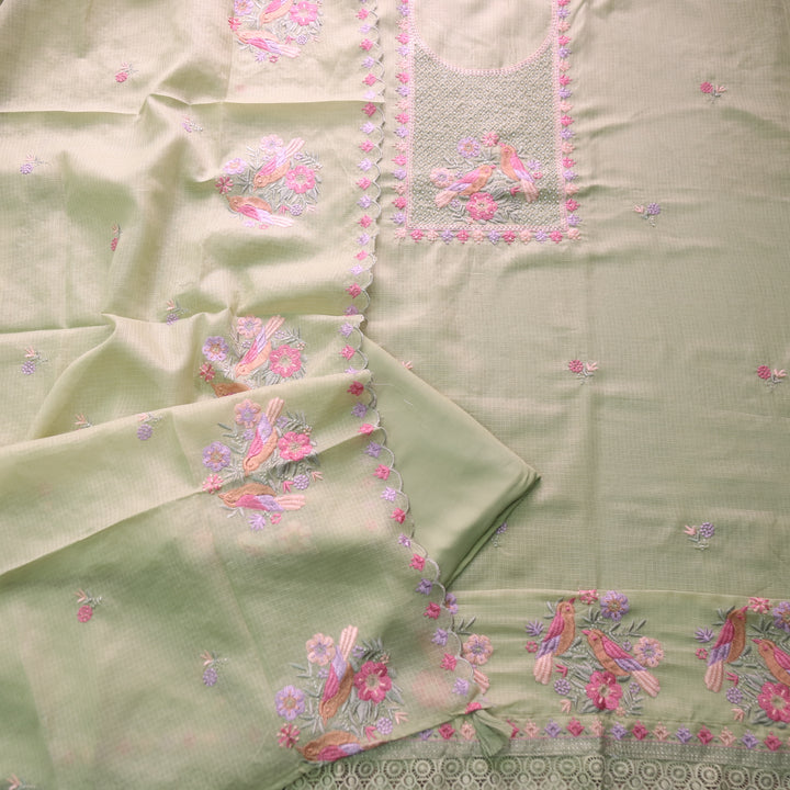Swamini Mint Green Zari Embellish Neck With Moti and Thread Work Kota Doriya Set