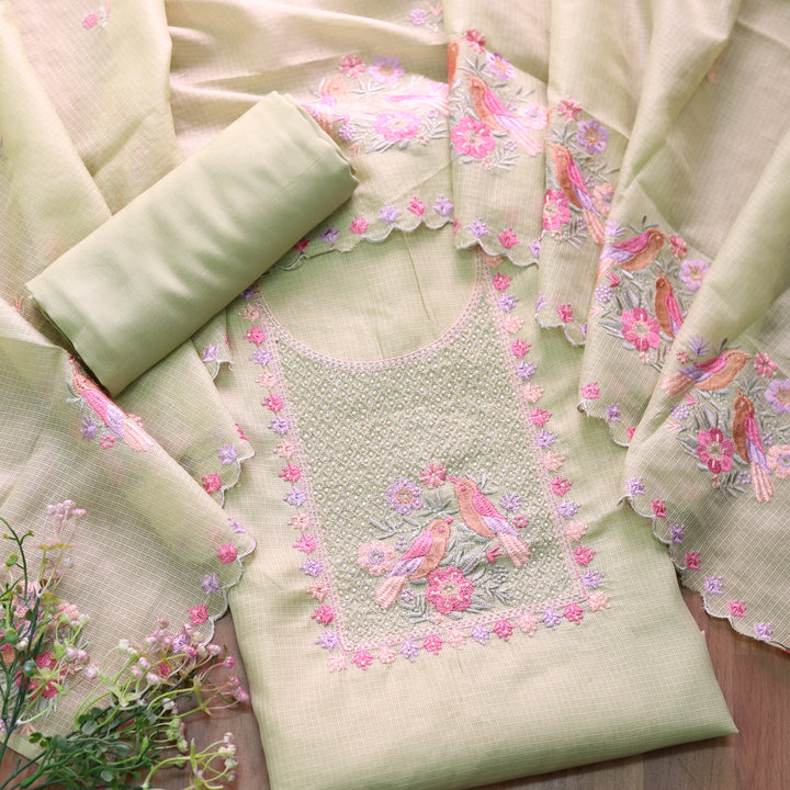 Swamini Mint Green Zari Embellish Neck With Moti and Thread Work Kota Doriya Set
