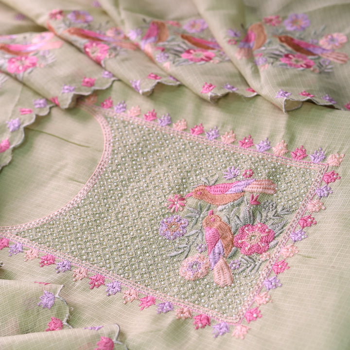 Swamini Mint Green Zari Embellish Neck With Moti and Thread Work Kota Doriya Set