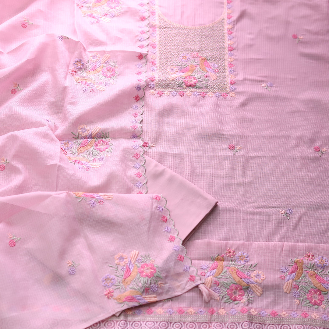 Swamini Plum Pink Zari Embellish Neck With Moti and Thread Work Kota Doriya Set