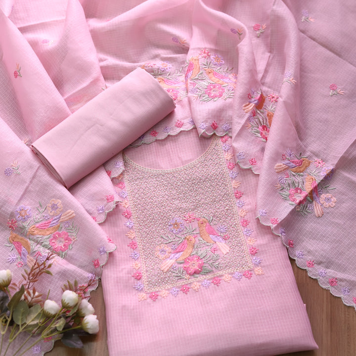 Swamini Plum Pink Zari Embellish Neck With Moti and Thread Work Kota Doriya Set