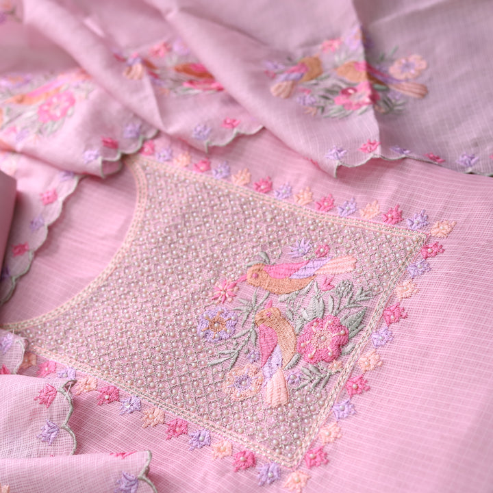 Swamini Plum Pink Zari Embellish Neck With Moti and Thread Work Kota Doriya Set