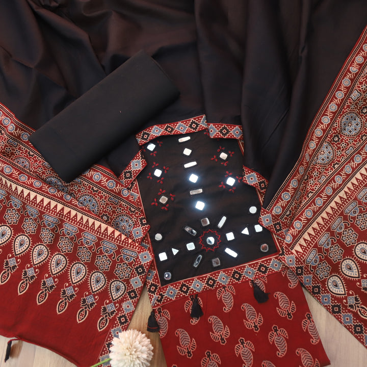 Sundri Cherry Red Mirror Neck Work Patch Ajrak Print Cotton Suit Set D4