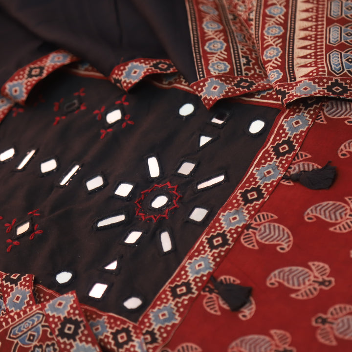 Sundri Cherry Red Mirror Neck Work Patch Ajrak Print Cotton Suit Set D4