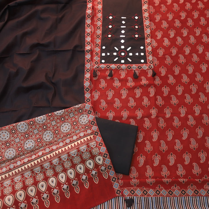 Sundri Cherry Red Mirror Neck Work Patch Ajrak Print Cotton Suit Set D4