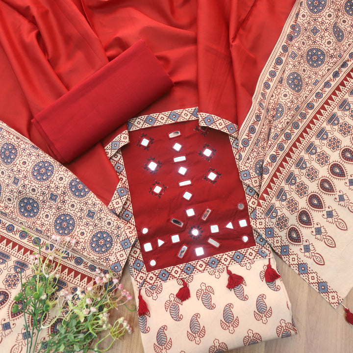 Sundri Skin Beige Mirror Neck Work Patch Ajrak Print Cotton Suit Set D4