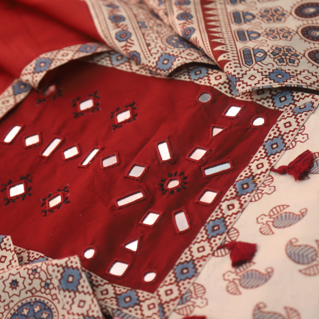 Sundri Skin Beige Mirror Neck Work Patch Ajrak Print Cotton Suit Set D4