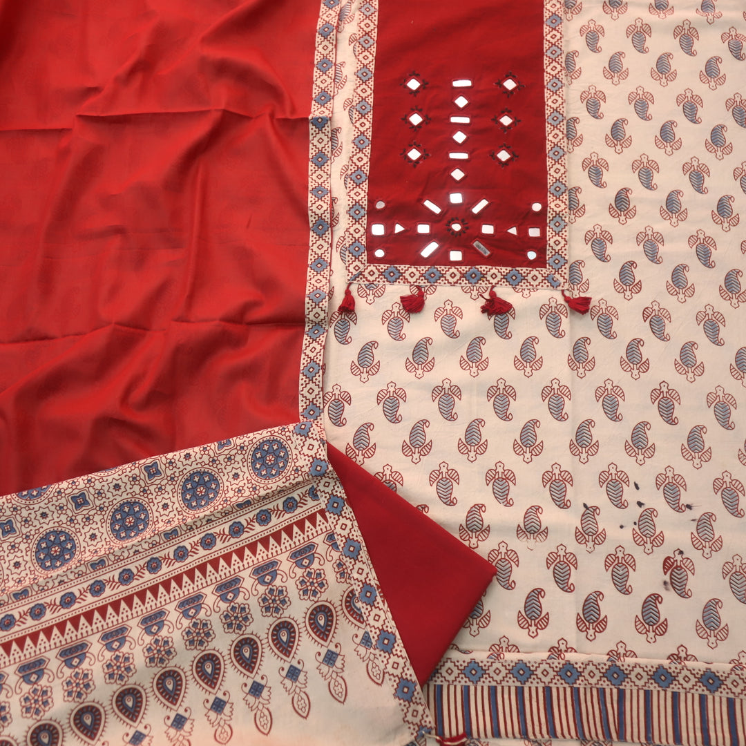 Sundri Skin Beige Mirror Neck Work Patch Ajrak Print Cotton Suit Set D4