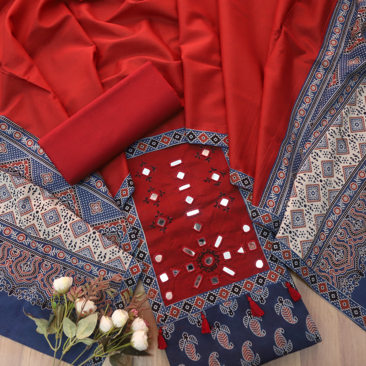 Sundri Cerulean Blue Mirror Neck Work Patch Ajrak Print Cotton Suit Set D4