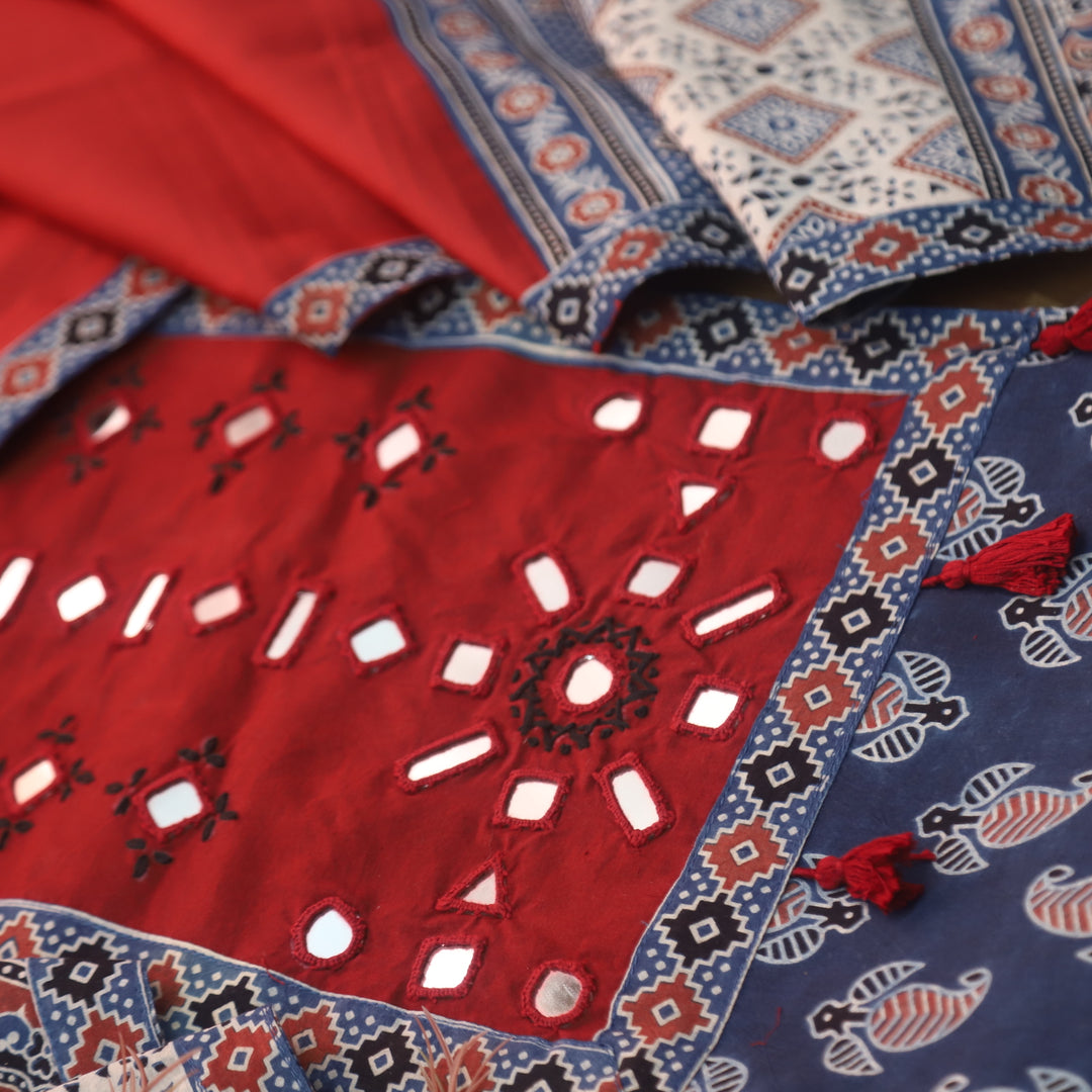 Sundri Cerulean Blue Mirror Neck Work Patch Ajrak Print Cotton Suit Set D4