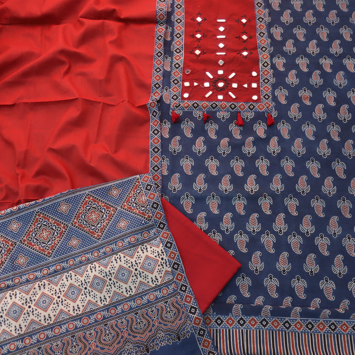 Sundri Cerulean Blue Mirror Neck Work Patch Ajrak Print Cotton Suit Set D4
