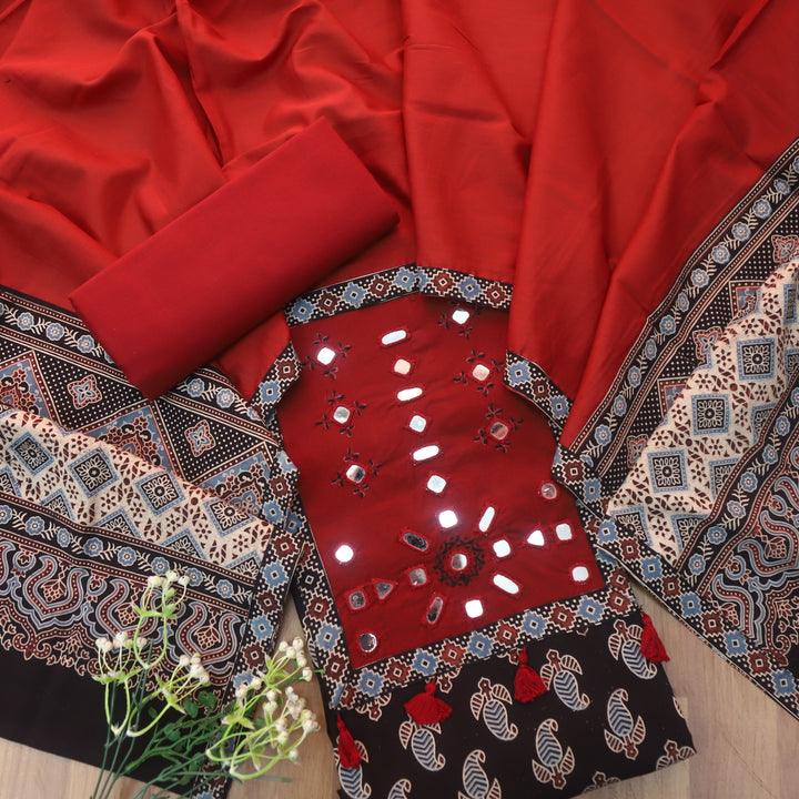 Sundri Ebony Black Mirror Neck Work Patch Ajrak Print Cotton Suit Set-D4