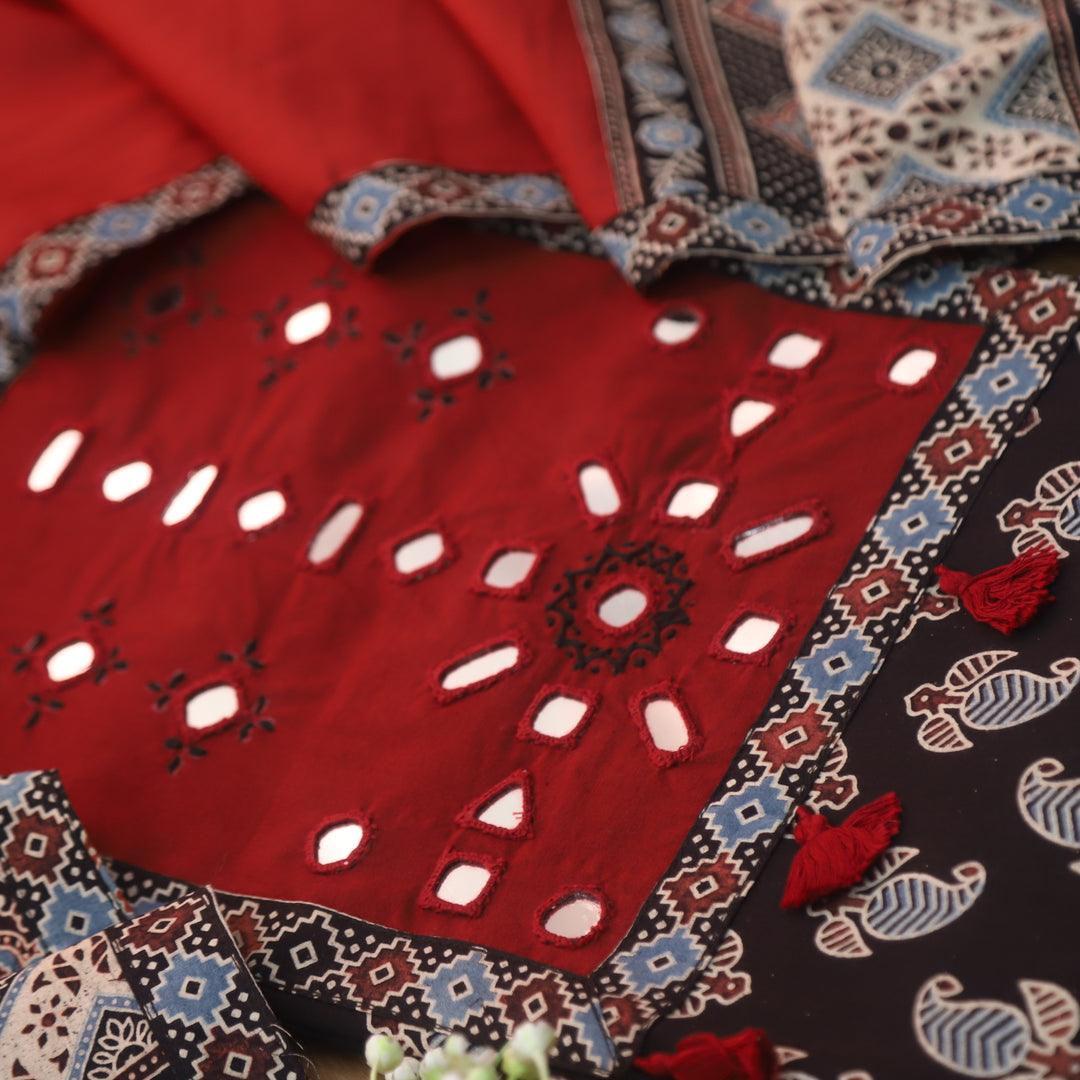 Sundri Ebony Black Mirror Neck Work Patch Ajrak Print Cotton Suit Set-D4