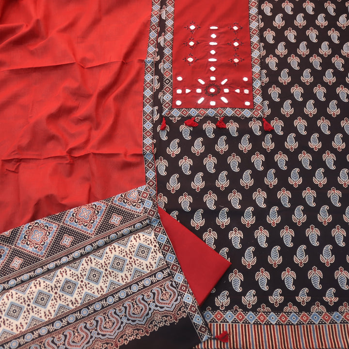 Sundri Ebony Black Mirror Neck Work Patch Ajrak Print Cotton Suit Set-D4