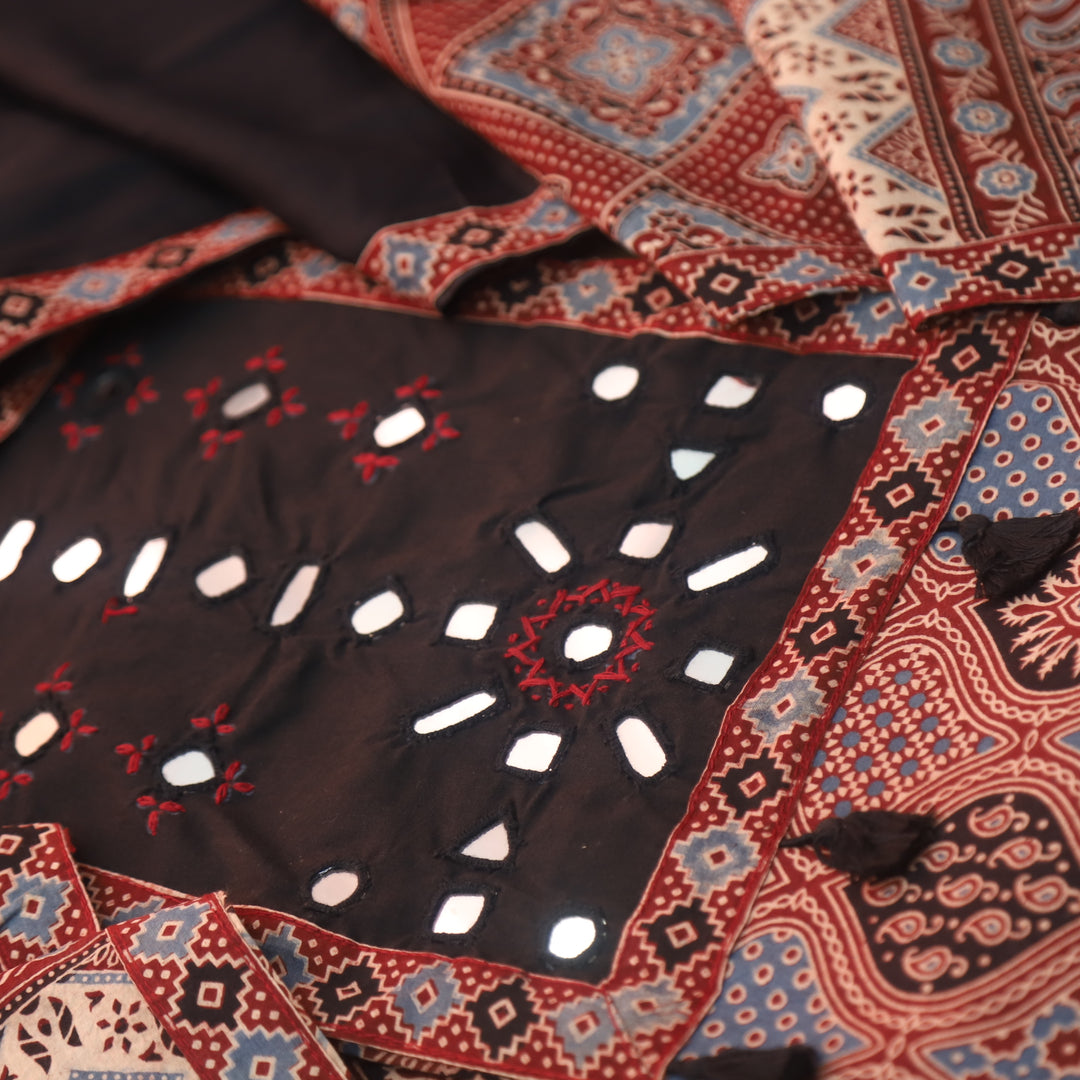 Amara Ruby Red Mirror Neck Work Patch Ajrak Print Cotton Suit Set-D3