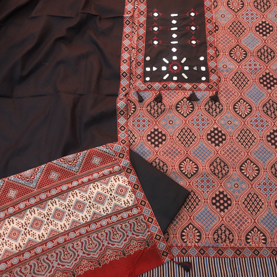 Amara Ruby Red Mirror Neck Work Patch Ajrak Print Cotton Suit Set-D3