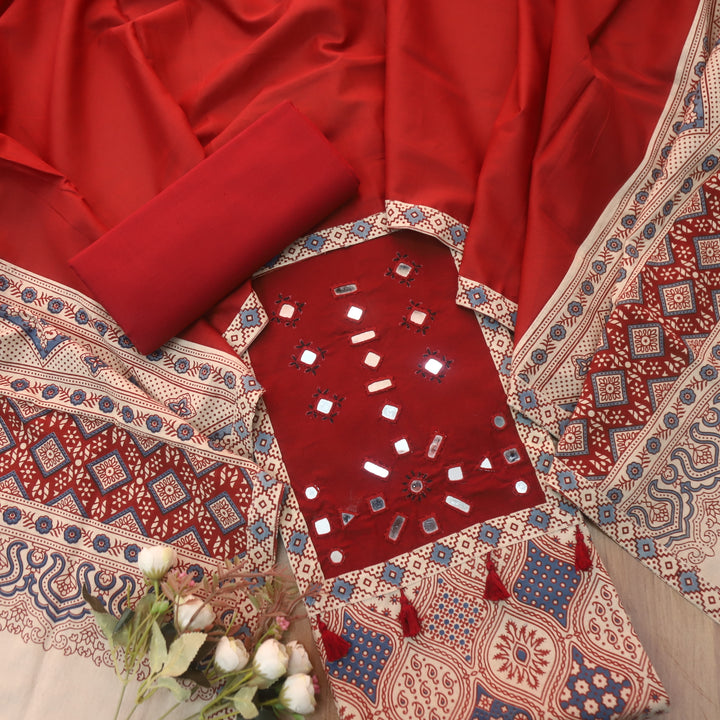 Amara Skin Beige Mirror Neck Work Patch Ajrak Print Cotton Suit Set D3
