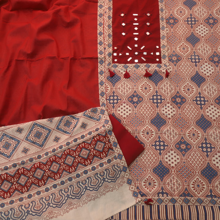 Amara Skin Beige Mirror Neck Work Patch Ajrak Print Cotton Suit Set D3