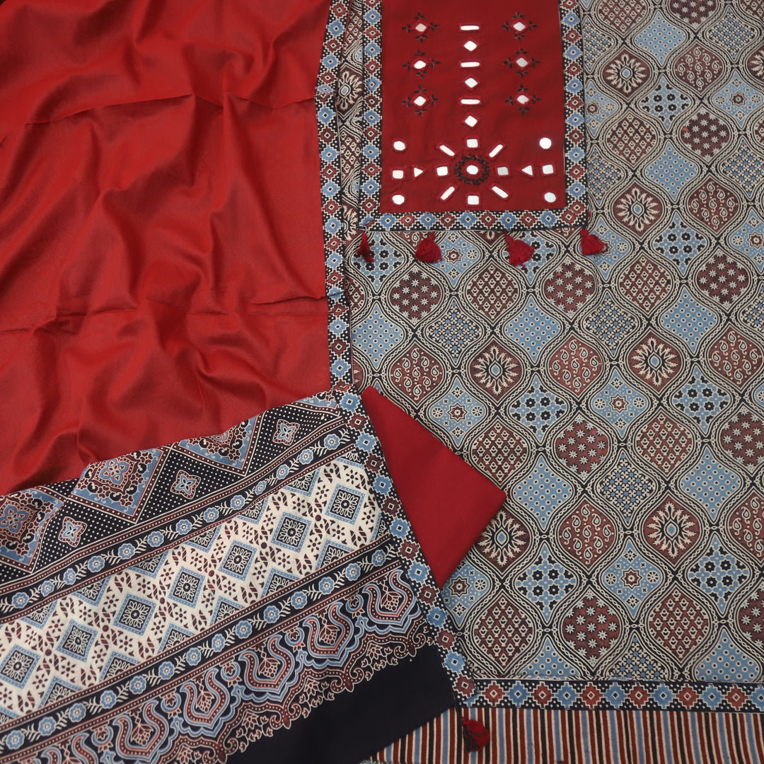 Amara Ebony Black Mirror Neck Work Patch Ajrak Print Cotton Suit Set D3