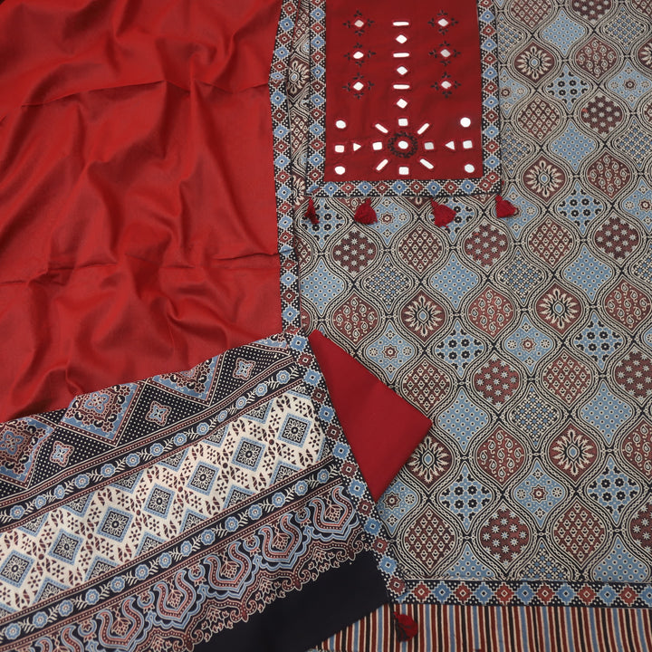 Amara Ebony Black Mirror Neck Work Patch Ajrak Print Cotton Suit Set D3