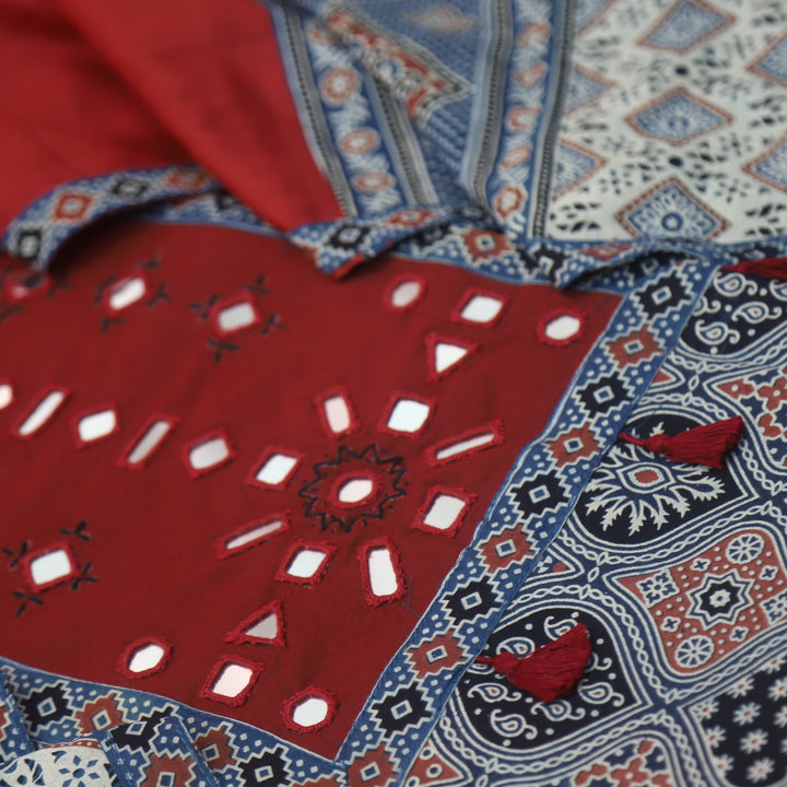 Amara Cerulean Blue Mirror Neck Work Patch Ajrak Print Cotton Suit Set-D3