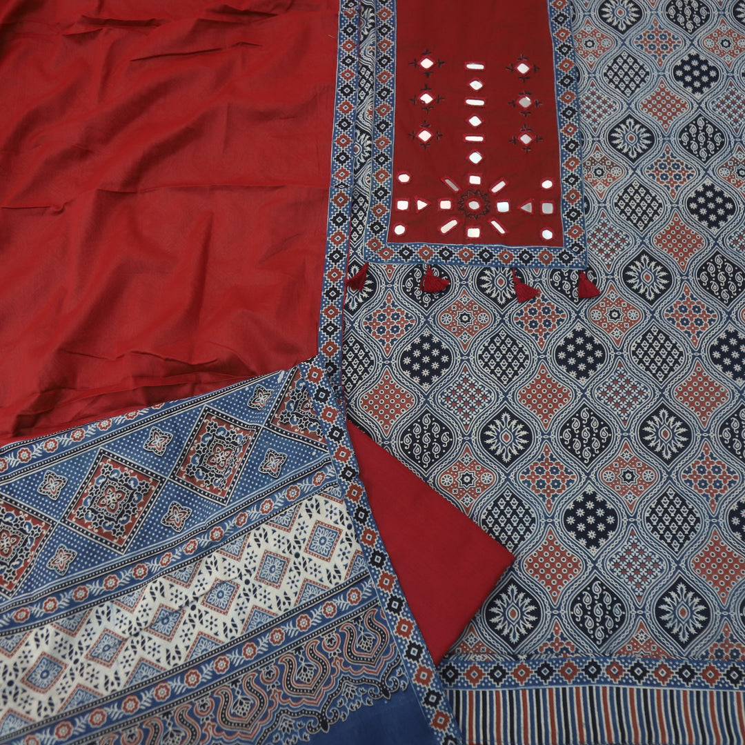 Amara Cerulean Blue Mirror Neck Work Patch Ajrak Print Cotton Suit Set-D3