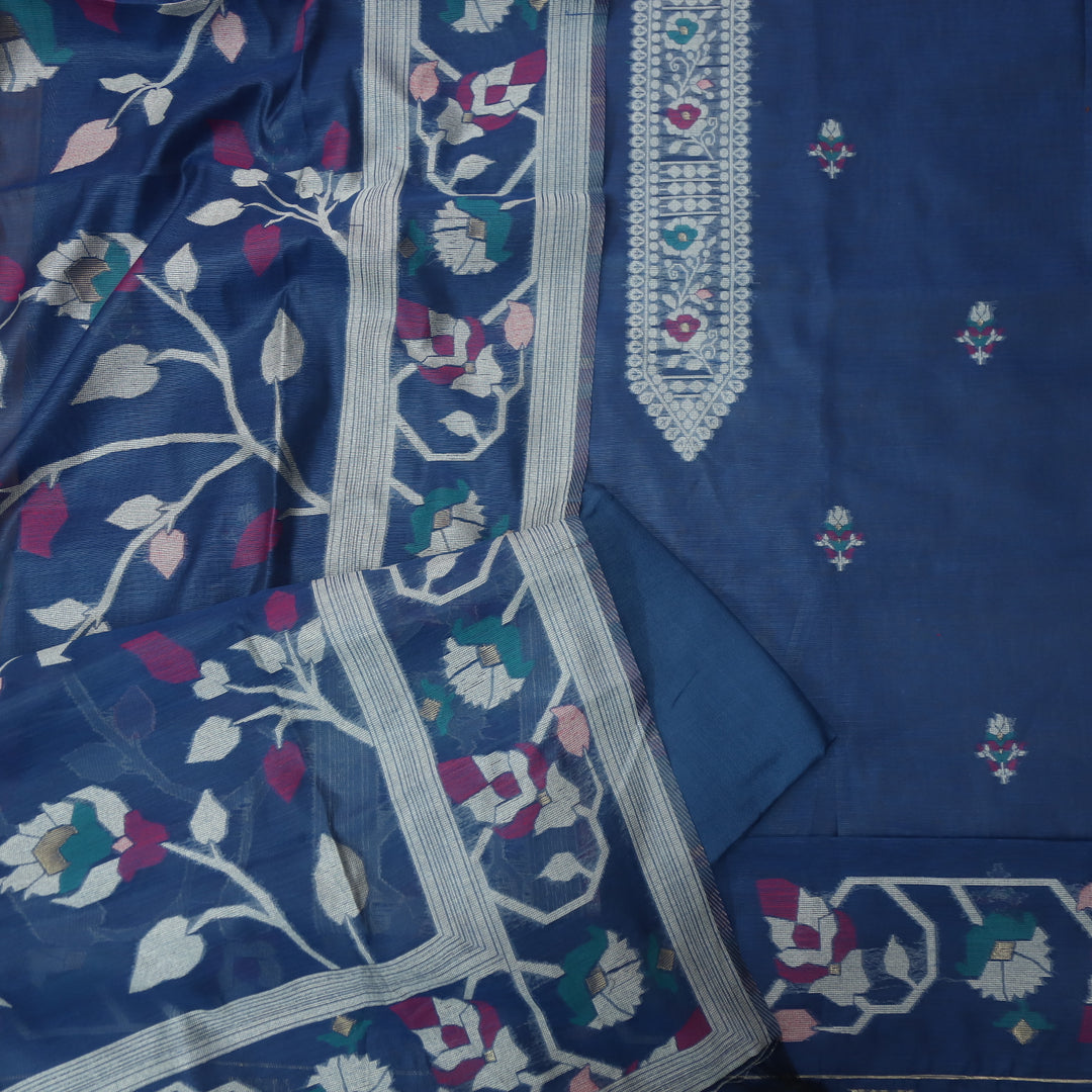 Mulakat Navy Blue Floral Authentic Jamdani Weaved with Zari Chanderi Suit Set