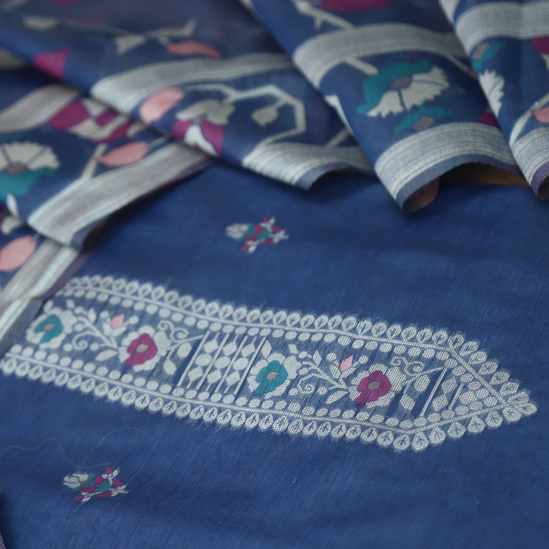 Mulakat Navy Blue Floral Authentic Jamdani Weaved with Zari Chanderi Suit Set
