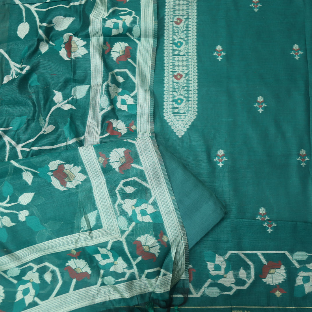 Mulakat Bottle Green Floral Authentic Jamdani Weaved with Zari Chanderi Suit Set