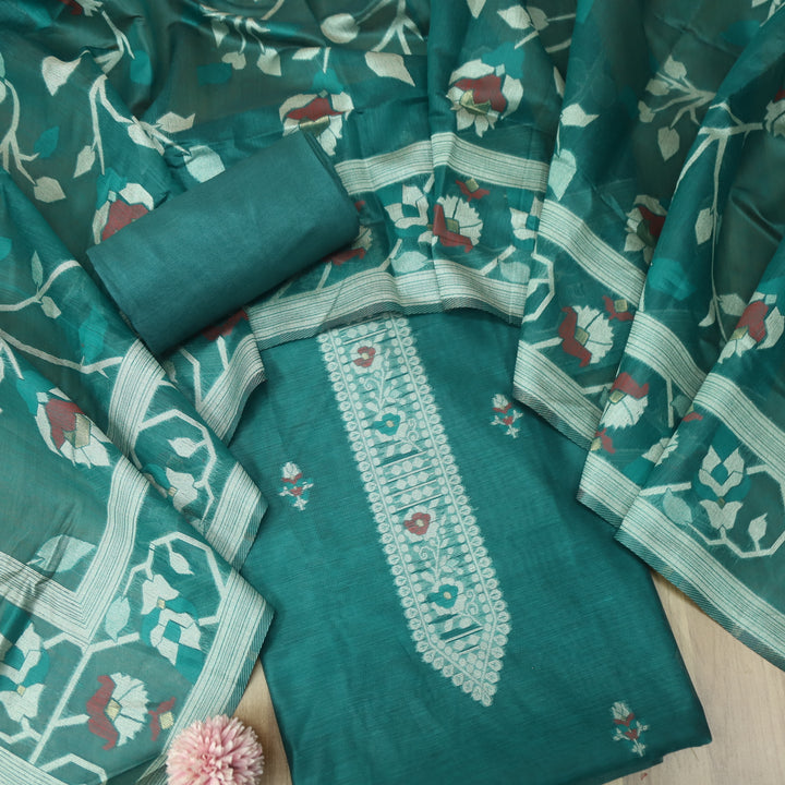 Mulakat Bottle Green Floral Authentic Jamdani Weaved with Zari Chanderi Suit Set