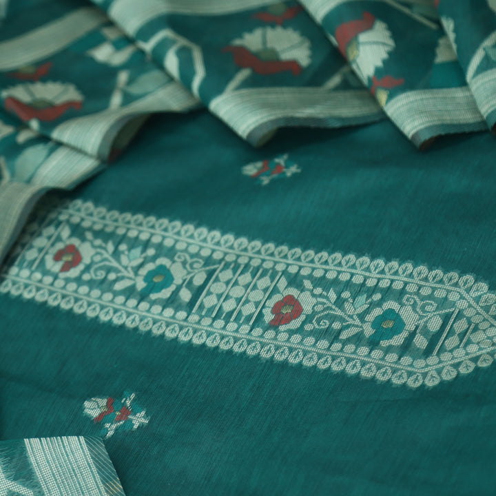 Mulakat Bottle Green Floral Authentic Jamdani Weaved with Zari Chanderi Suit Set