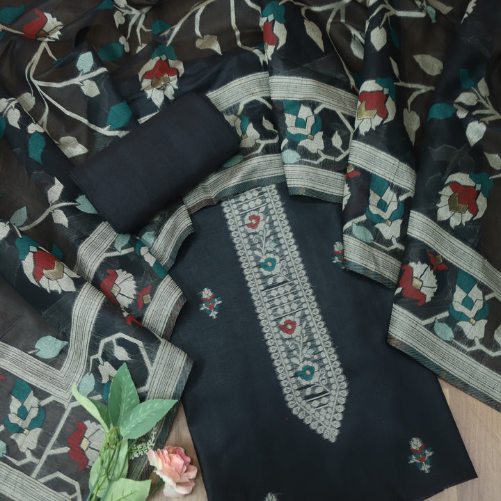 Mulakat Night Black Floral Authentic Jamdani Weaved with Zari Chanderi Suit Set