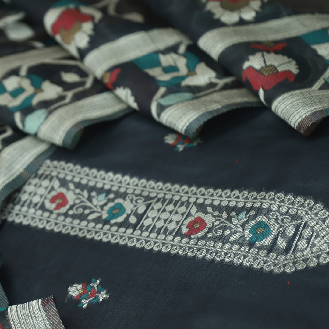Mulakat Night Black Floral Authentic Jamdani Weaved with Zari Chanderi Suit Set