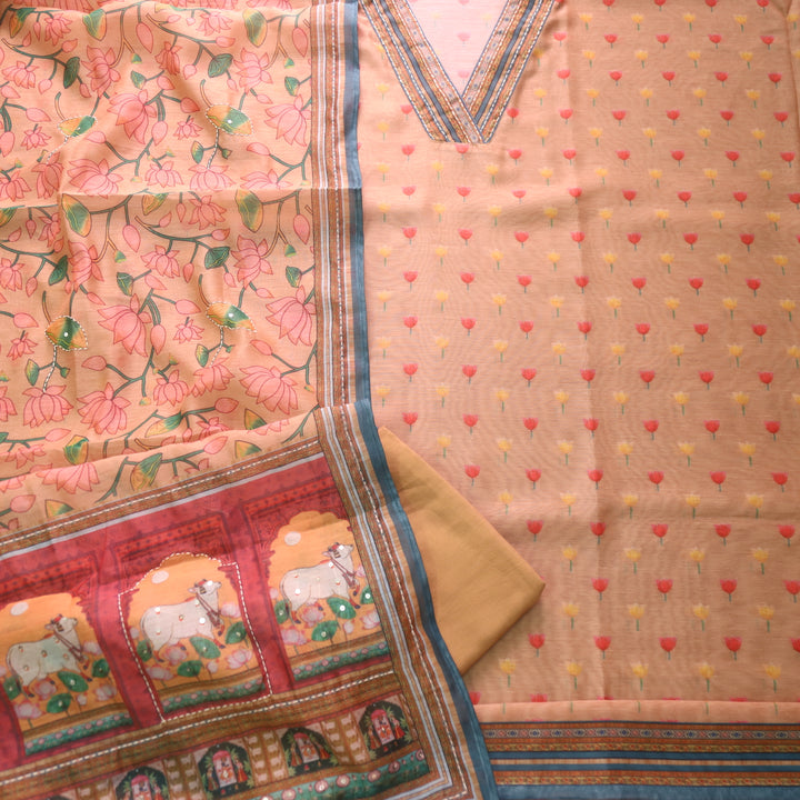 Kohinoor Almond Brown V Neck Pichwai Print Kantha Work Chanderi Suit Set