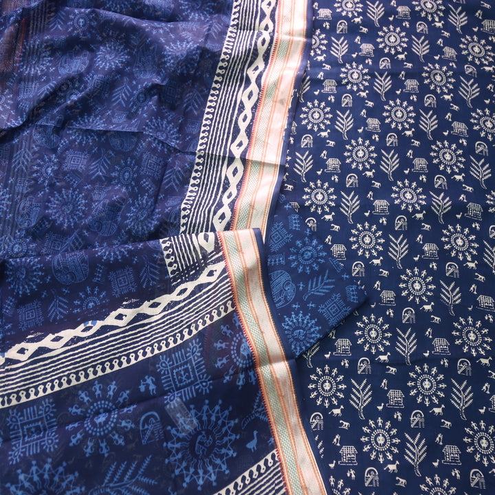 Zinat Royal Blue All Over Warli Printed in Mangalgiri Hem Work Cotton Suit Set