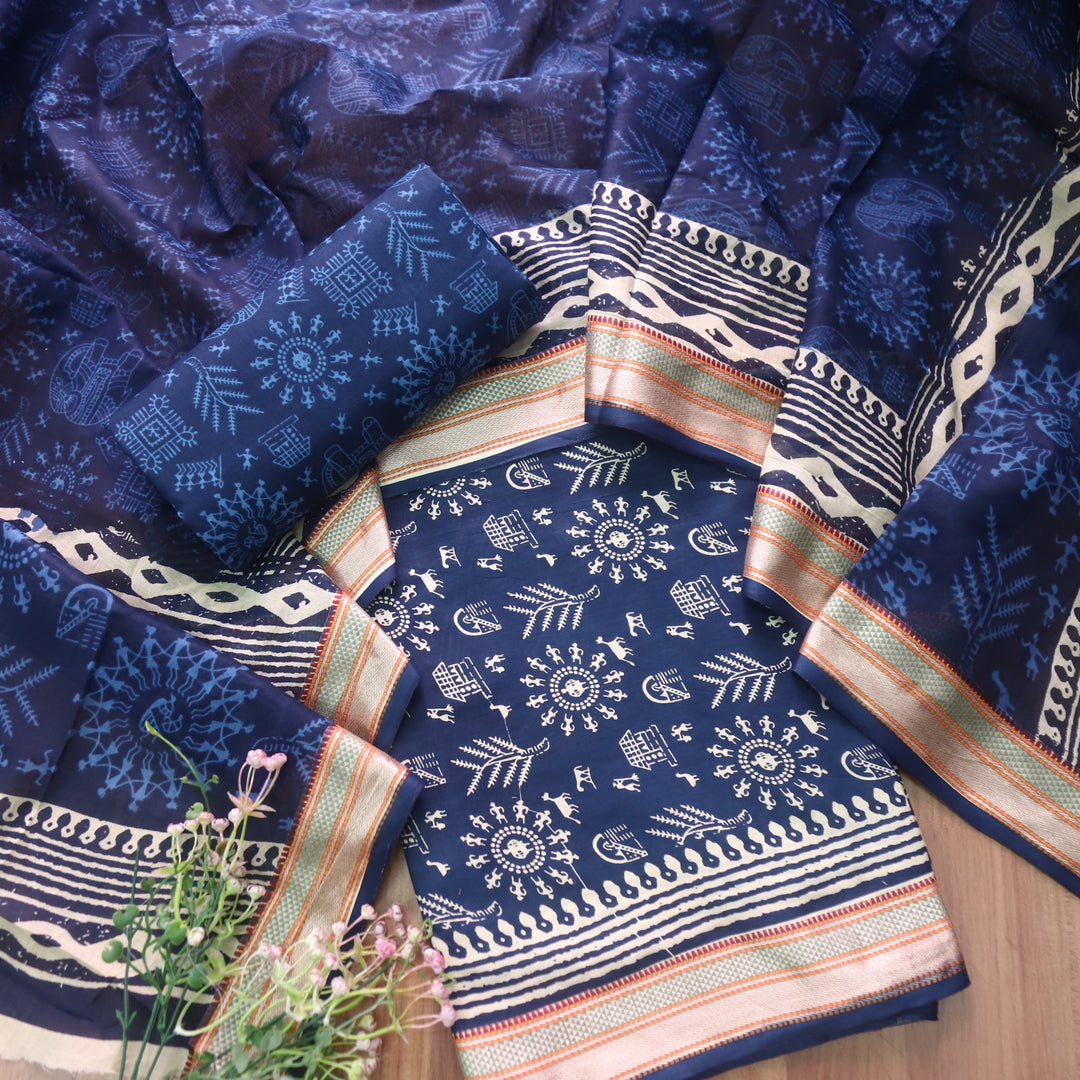 Zinat Royal Blue All Over Warli Printed in Mangalgiri Hem Work Cotton Suit Set