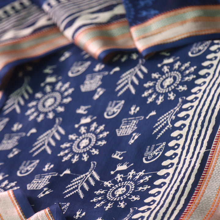 Zinat Royal Blue All Over Warli Printed in Mangalgiri Hem Work Cotton Suit Set