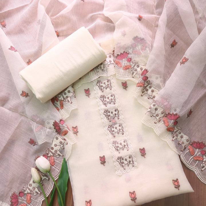 Khayal Cream White Pichwai Thread Embroidery Neck Work Kota Doriya Set