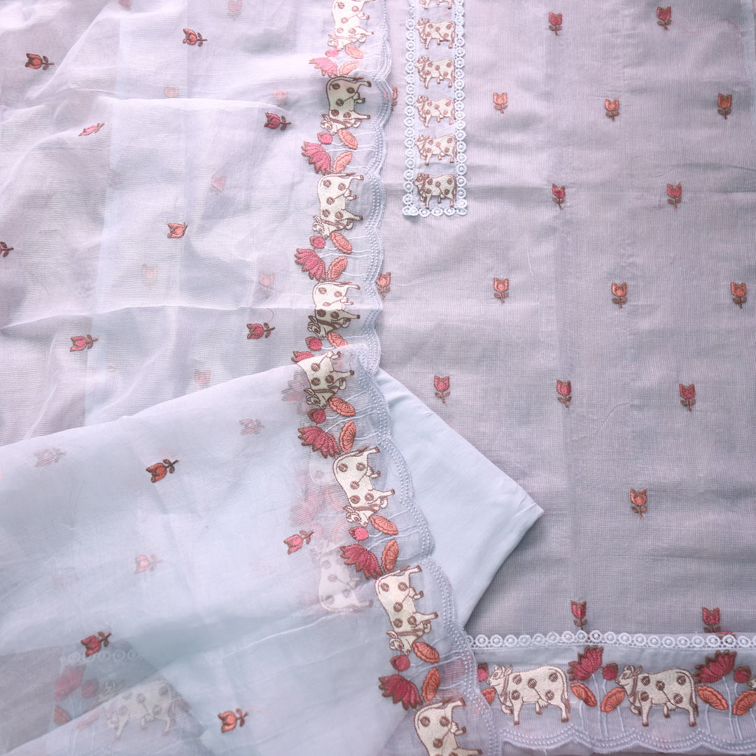 Khayal Fossil Grey Pichwai Thread Embroidery Neck Work Kota Doriya Set
