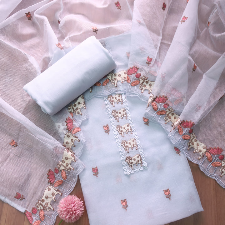Khayal Fossil Grey Pichwai Thread Embroidery Neck Work Kota Doriya Set
