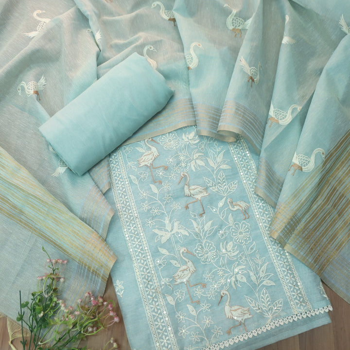 Pankhudi Powder Blue Floral with Flamingo Thread Work Shimmer Tissue Linen Set