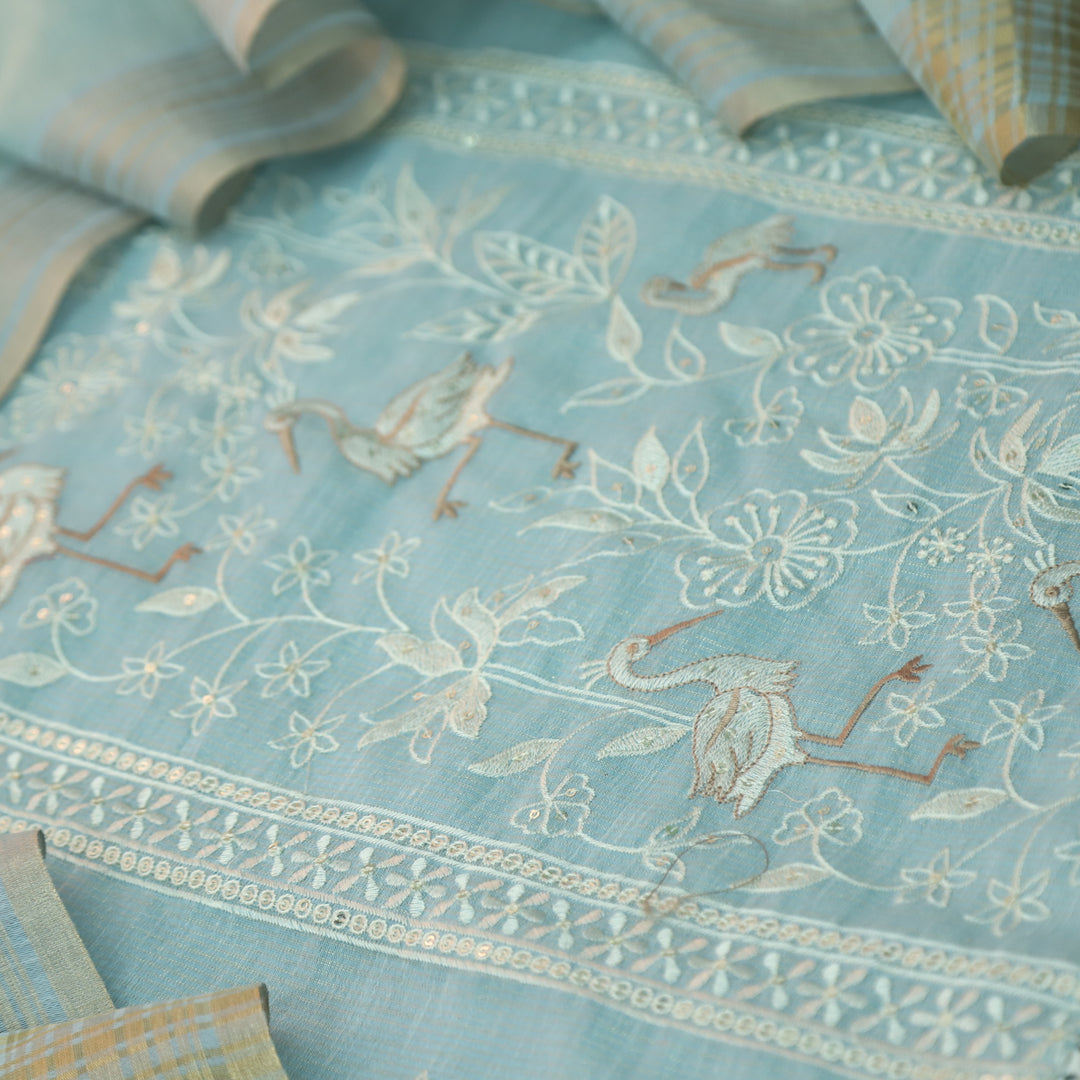 Pankhudi Powder Blue Floral with Flamingo Thread Work Shimmer Tissue Linen Set