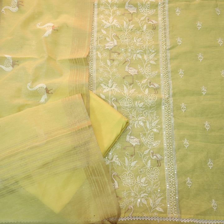 Pankhudi Butter Yellow Floral with Flamingo Thread Work Shimmer Tissue Linen Set