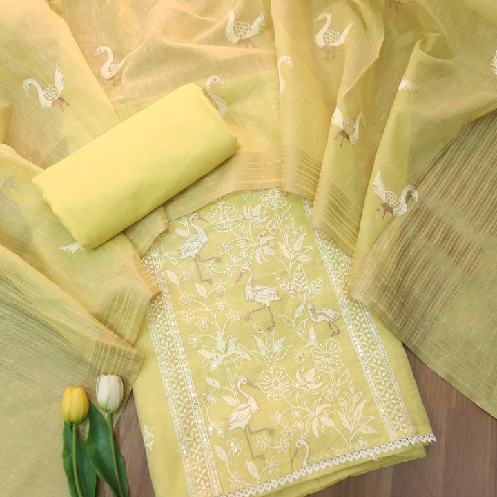 Pankhudi Butter Yellow Floral with Flamingo Thread Work Shimmer Tissue Linen Set