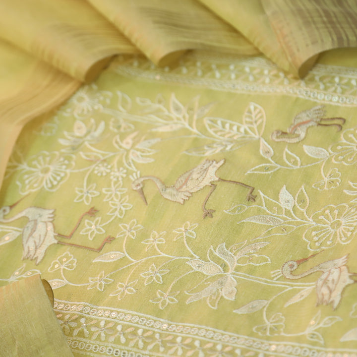 Pankhudi Butter Yellow Floral with Flamingo Thread Work Shimmer Tissue Linen Set