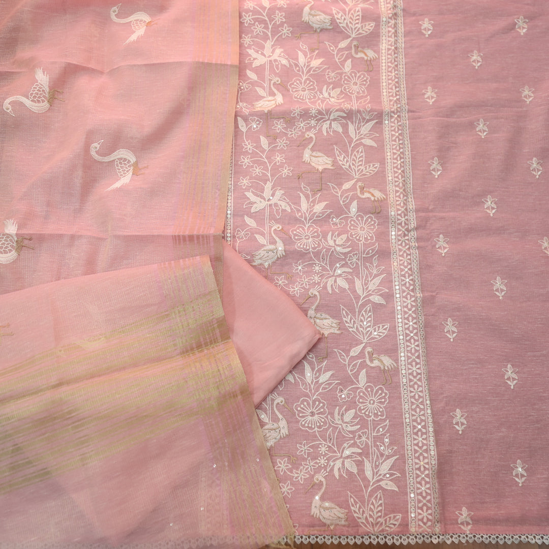Pankhudi Soft Pink Floral with Flamingo Thread Work Shimmer Tissue Linen Set