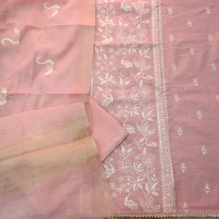 Pankhudi Soft Pink Floral with Flamingo Thread Work Shimmer Tissue Linen Set