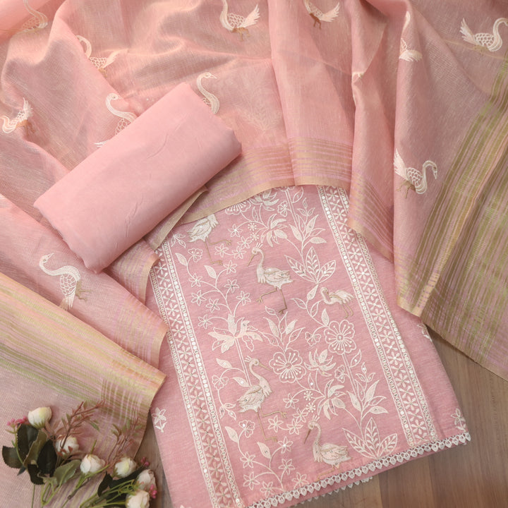 Pankhudi Soft Pink Floral with Flamingo Thread Work Shimmer Tissue Linen Set