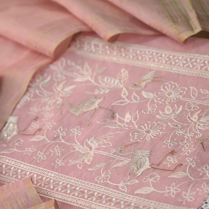 Pankhudi Soft Pink Floral with Flamingo Thread Work Shimmer Tissue Linen Set